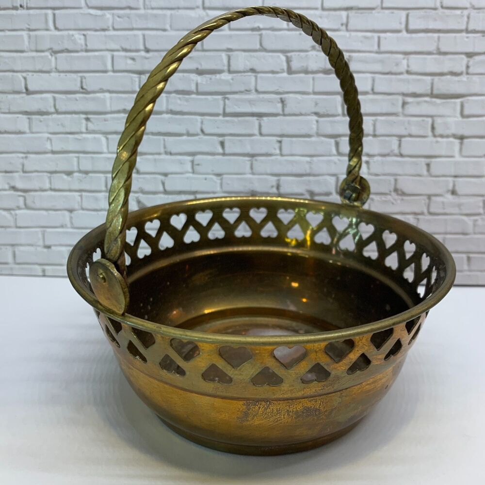 Vintage Brass Bowl Basket with Folding Handle 5.5 Diameter Small Cut Out Hearts